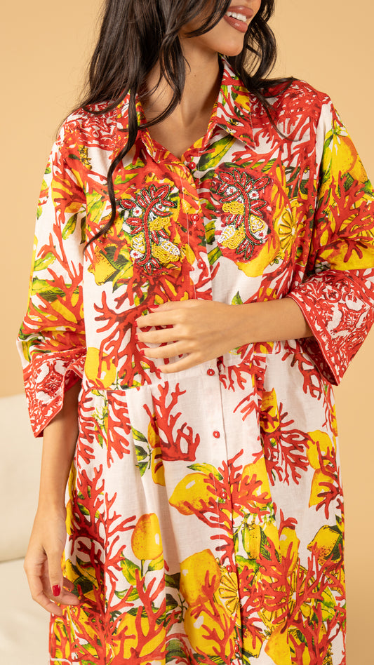 Red Summer Long Shirt Dress نفنوف