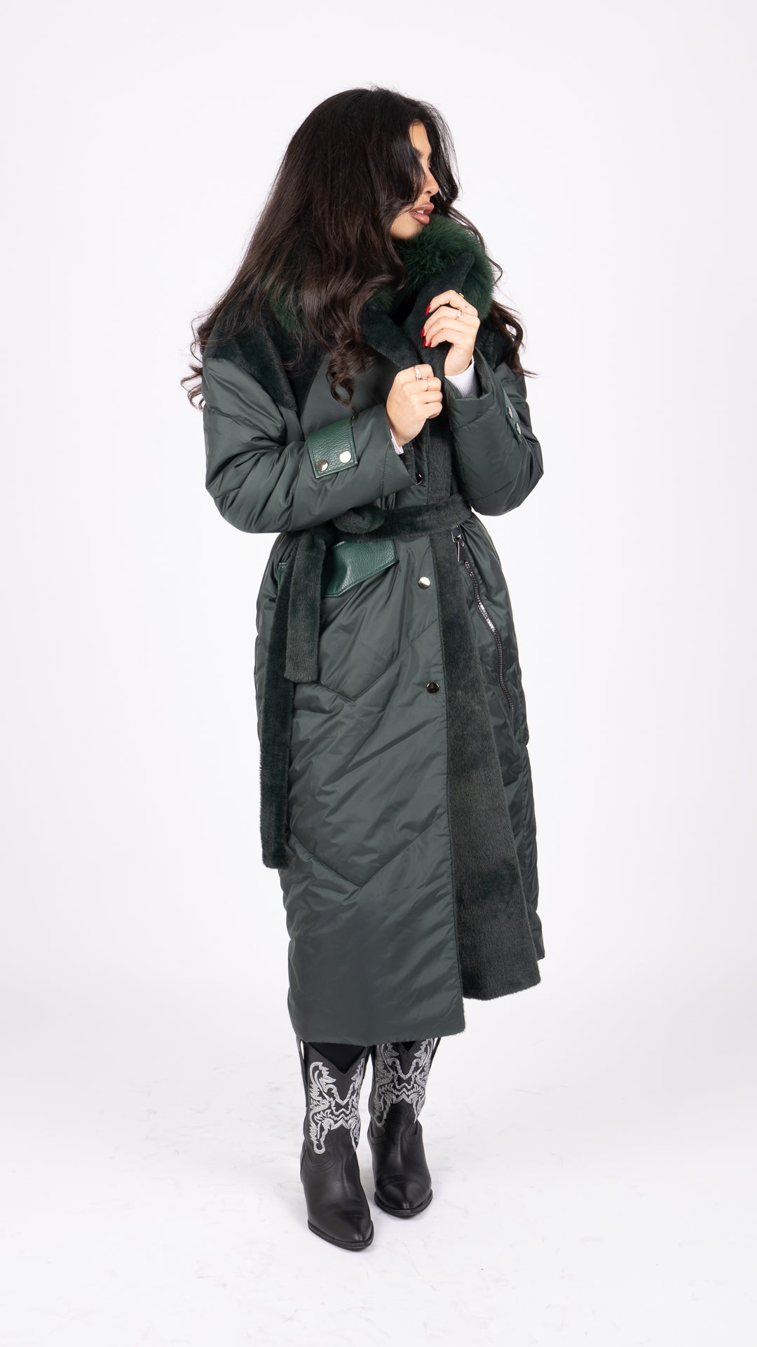 Olive long pure fox coat