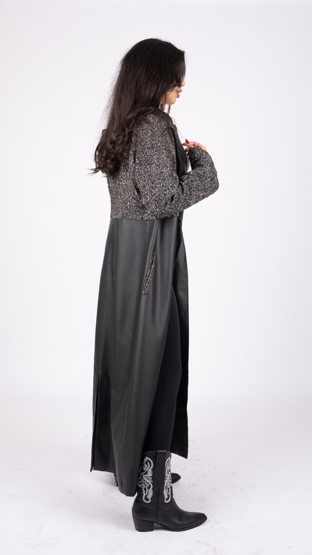 Long leather tweed coat