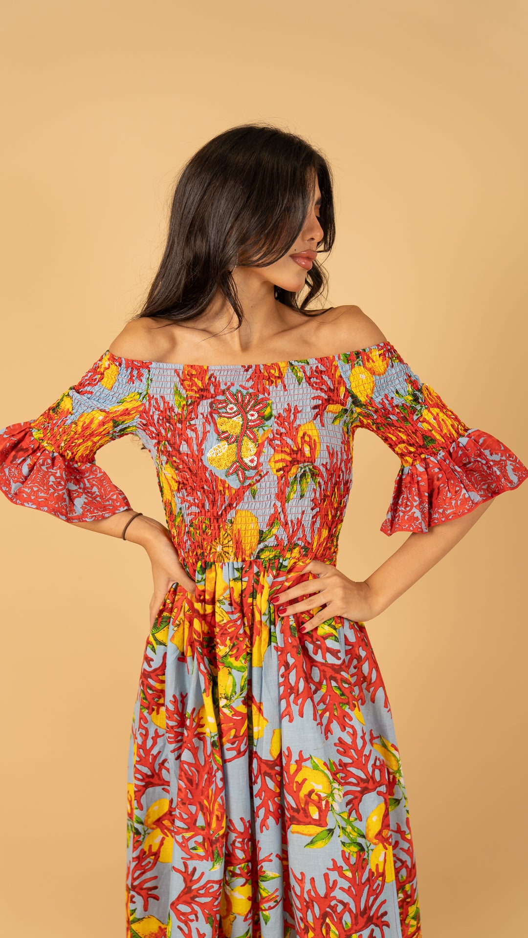 Gray Long Open Shoulder Dress نفنوف