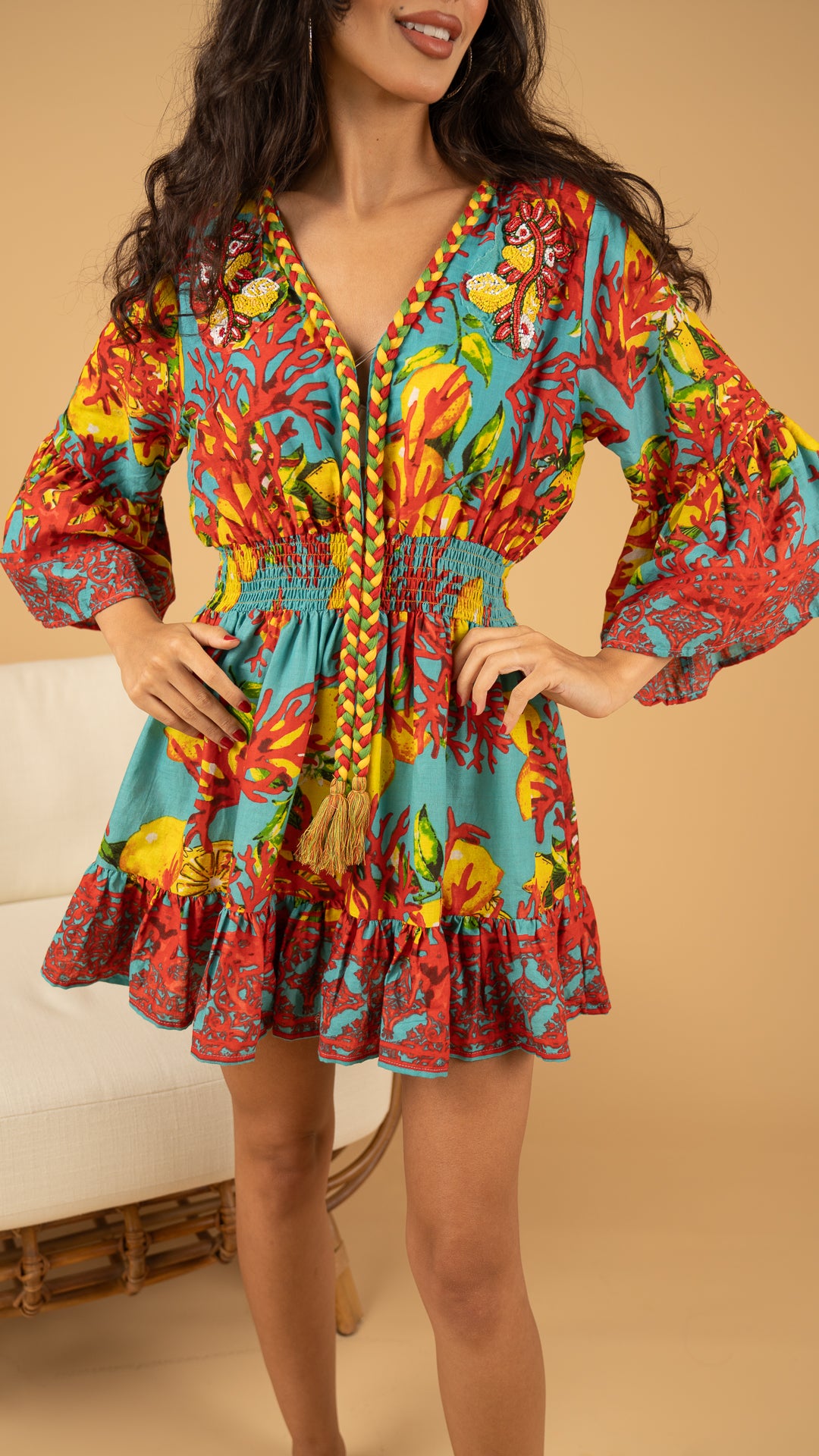 Blue Lemon Summer Dress نفنوف / V Long Sleeve