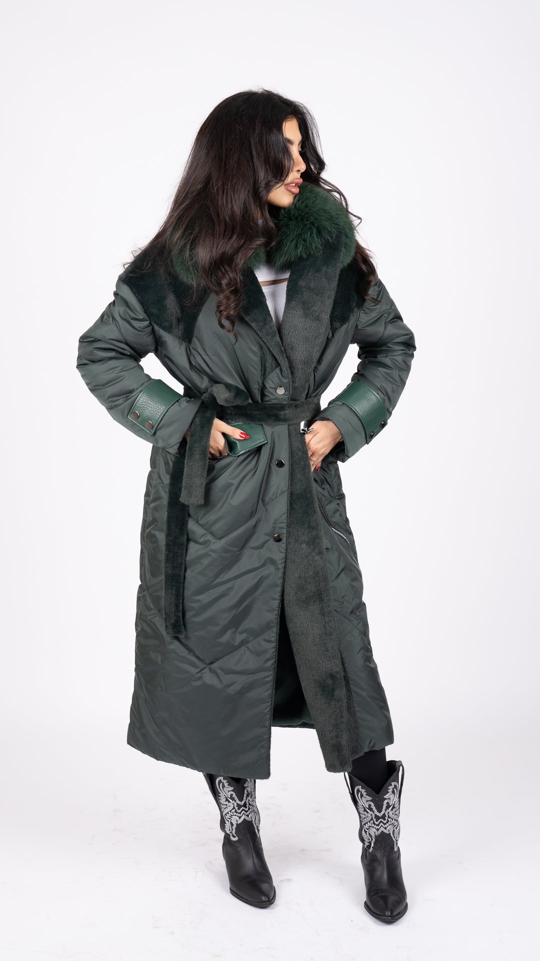Olive long pure fox coat