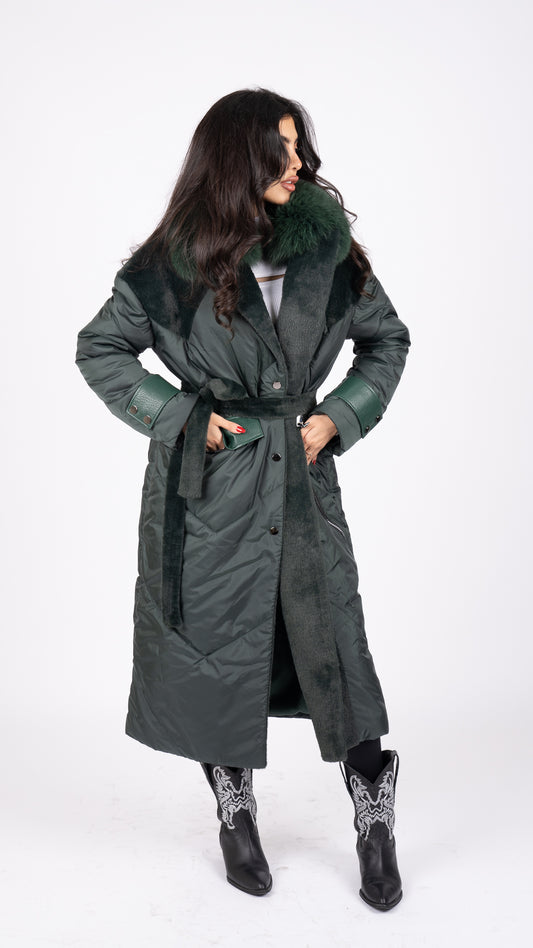 Olive long pure fox coat