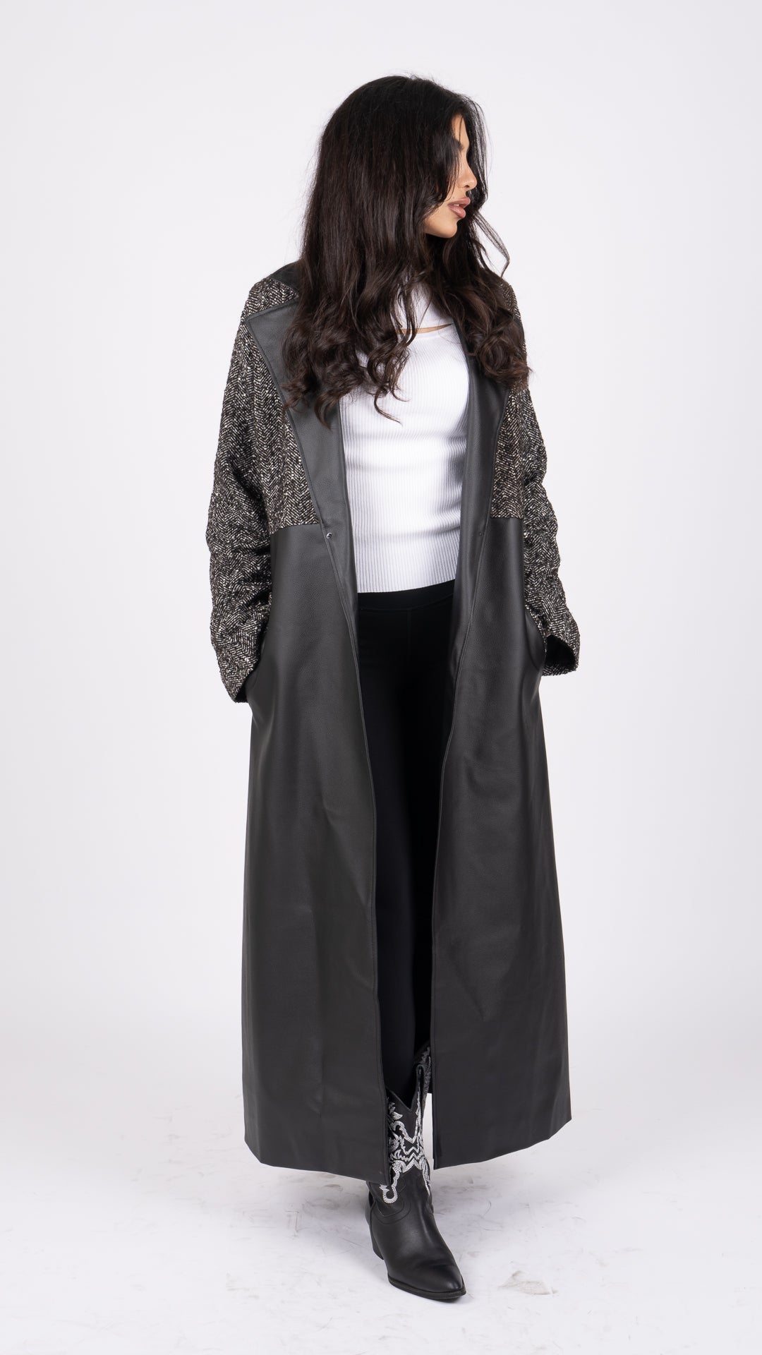 Long leather tweed coat